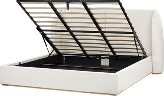 Beliani Cama Con Almacenaje Tapicer&iacute;a De Tela De Poli&eacute;ster Con Cabecero Ancho Blanco Crema 180 X 200 Cm Monestier