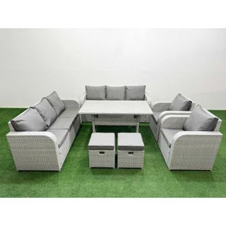 Fimous Pe Rattan High Back Lounge Sofa Set Patio Rectangular Dining Table & Chairs Set with 3 Seater Sofa Reclining Chair Stools 2 Side Table Light Grey