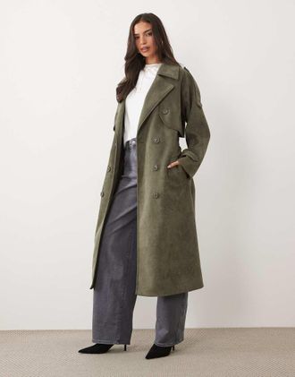 Aria Cove trench lungo con cintura in finto camoscio color khaki-Verde