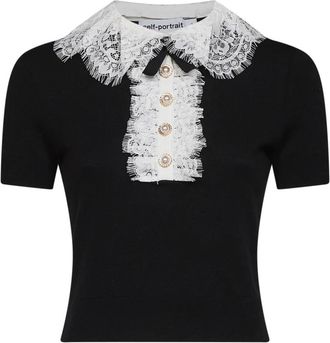Self Portrait Gebreide top met kanten kraag - Dames - Polos - Zwart - S - Wol - Tops