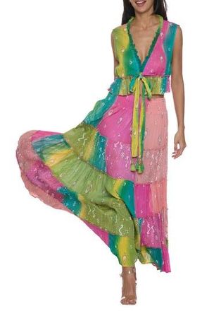 Ranee&rsquo;s Fringe Trim Metallic Crop Top & Maxi Skirt Set in Pink at Nordstrom Rack, Size Small/medium