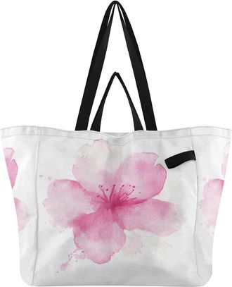 Generic Pink Cherry Blossom pattern Reusable Canvas Tote Bag, Heavy Duty Grocery Shopping Bag with Double Handles Hard Bottom Large Capacity Work Groceries Tr