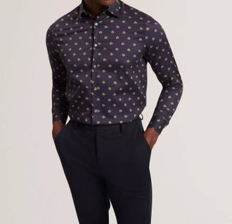 Ted Baker Olufar Ditsy Floral Print Cotton Shirt In Navy