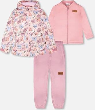 Deux par Deux 3-in-1 Two-Piece Mid-Season Outerwear with Solid Pants Set in Pink With Printed Butterflies at Nordstrom, Size 18M