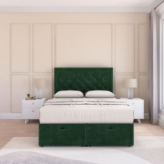 Sloomy Montana Plush Fabric Ottoman Bed End Opening With Sprung Memory Mattress & 54 Inch Floorstanding Headboard in Emerald | Size: Single