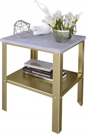 OEM Mesita De Noche Atornillada Con Estante, Estilo Loft, 40x40x45 Cm, Color Oro + Hormig&oacute;n Claro
