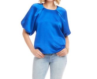 Karen Kane Puff Sleeve Satin Top In Sapphire Blue