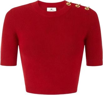 Elisabetta Franchi Gebreide top met juweeldetails - Dames - Ronde hals truien - Rood - S - Polyester - Truien & Vesten