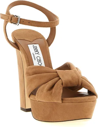 Jimmy Choo London Womens Heloise Platform Sandal Brown Leather Polyester Metal Heels
