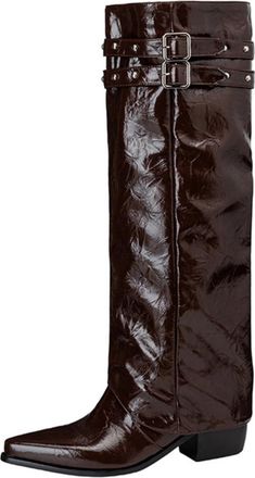 Generic Womens Pointed Toe PU Leather Western Cowboy Boot Mid Chunky Heel Long Boots Pull on Knee High Boots with Studded,Brown,2.5 UK