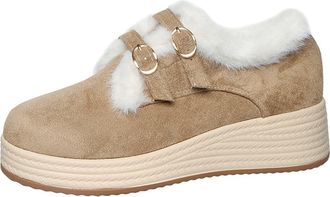 Generic Womens Faux Fur Lined Platform Wedge Espadrilles Ankle Boots Buckle Round Toe Comfort Causal Warm Winter Loafers (7.5,Khaki)
