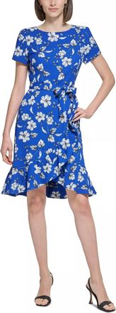 Calvin Klein Floral Print Ruffled Sheath Dress In Blue/white