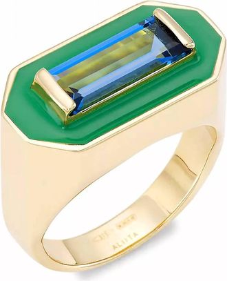Aliita Womens Deco Maxi Baguette Ring In Enamel/blue Topaz