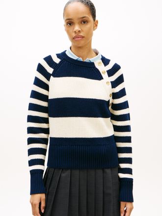 Tommy Hilfiger Strickpullover TOMMY HILFIGER GOLD BTN UTILITY LS C-NK SWT, Damen, Gr. L (42/44), big brt stp schwarz night, calico, Strick, Obermaterial: 100% Baumwo