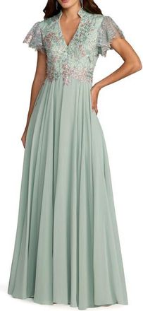 Mac Duggal Womens Embroidered Top Chiffon Skirt Ruffle Sleeve Gown in Sage at Nordstrom, Size 10