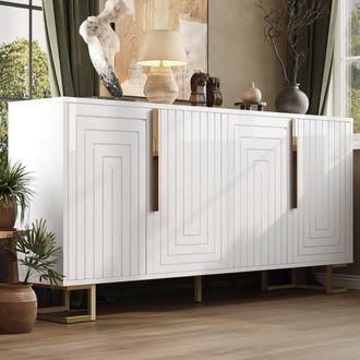 Merax Fluted Sideboard Storage Cabinet with Gold Legs in White