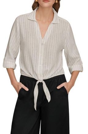 DKNY Yarn Dye Stripe Crop Linen Blend Button-Up Shirt in Cream/Black at Nordstrom, Size X-Small