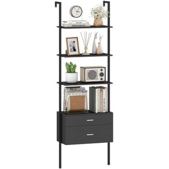 Costway 6-Tier Ladder Bookcase 184cm Tall Wall-Mounted Bookshelf w/Drawers-Black