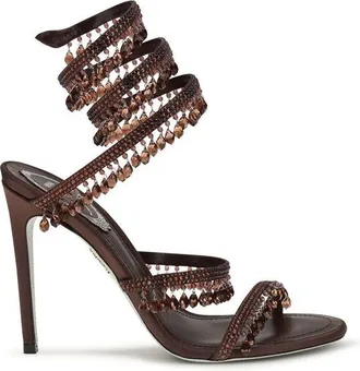 Rene Caovilla Brown Silk Stiletto Heel Womens Sandals