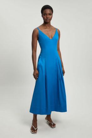 Karen Millen Womens Cotton Sateen V Neck Maxi Dress - Blue - Size 14 UK