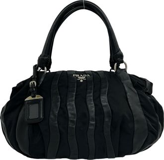 Prada Black Nylon Leather Boston Bag Handbag Tote Bag (Pre-Owned)