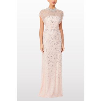 Jenny Packham Crystal Drop Embellished High-Neck Maxi Dress in Sugar at Nordstrom, Size 12 Uk