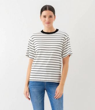 Karen Kane Stripe Short Sleeve Top In Off White With Black