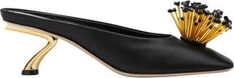 Ferragamo Mules met Sculptuurhak en Kristallen Bloem - Dames - Muiltjes - Zwart - 37 EU - Satijn - Schoenen