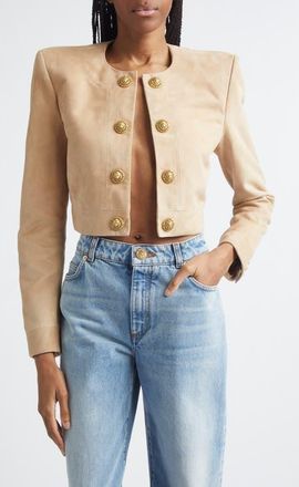 Balmain Crop Suede Spencer Jacket in 8Fi Sand at Nordstrom, Size 10 Us