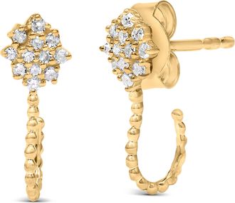 House of Brilliance 14K Yellow Gold Plated.925 Sterling Silver 1/10 Cttw Diamond Floral Cluster and Beaded Hoop Stud Earrings