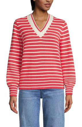 Lands End Drifter Set in Sleeve Vneck Sweater in Coral/ivory Mini Stripe at Nordstrom, Size X-Large P
