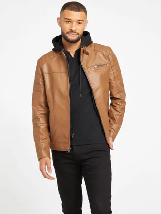 Guess Davino Faux-Leather Hooded Moto Jacket