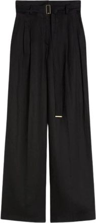 Max Mara Geklede broek met ceintuur - Dames - Wijde Broeken - Zwart - S - Linnen - Broeken