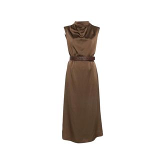 Brunello Cucinelli Midi Jurk met Riem - Dames - Jurken - Bruin - Maat: M Satijn