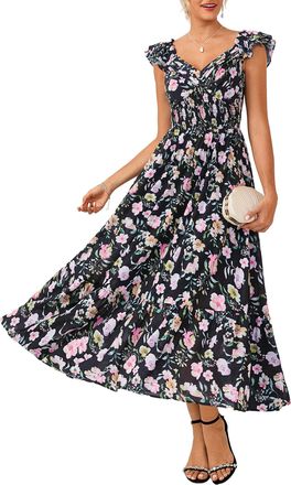 Grace Karin A-Line Summer Dresses for Women UK, Ruffle Sleeves V-Neck Smocked Floral Dress, Beach Maxi Dresses for Women UK Black-Pink Floral XL
