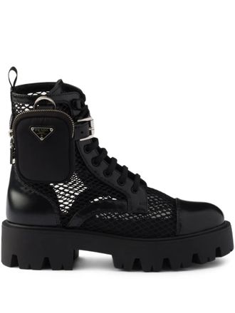 Prada Monolith mesh pouch combat boots - Black