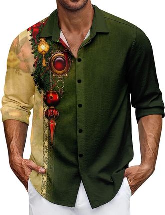 Generic Mens Christmas Shirt Xmas Holiday Party Dress Shirts Long Sleeve Snow Print Christmas Tree Shirt Casual Button Down Tshirt Funny Xmas Hawaiian Shirt f