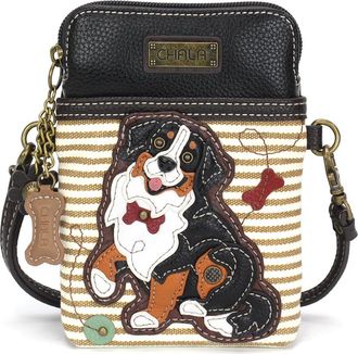 Chala Cell Phone Crossbody Purse-Women PU Leather/Canvas Multicolor Handbag with Adjustable Strap, Bernese Mountain Dog - Brown Stripe, S