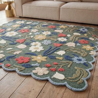 Maisons du monde Alfombra de lana verde con flores y borde festoneado, 160x230 cm