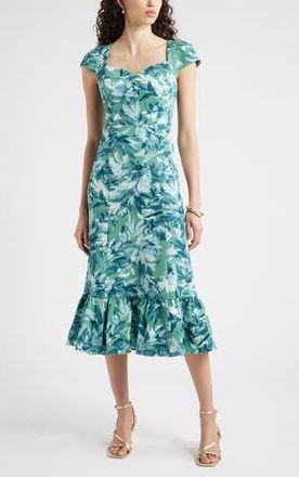Chelsea28 Sweetheart Neckline Cap Sleeve Midi Dress in Green Allison Bloom at Nordstrom Rack, Size Xx-Small