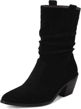 Generic Womens Slouchy Mid Calf Boots Suede Pointed Toe Chunky Heel Slip On Comfortable Non Slip Durable Stylish for Daily Casual Office Wear,Black,4.5 UK