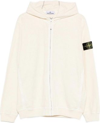 Stone Island Logo Patch Zip-Up Hoodie In Ivory Cotton