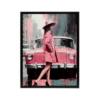 Artery8 Woman & Pink Classic Car Retro Fashion Framed Canvas Wall Art Print | Size: W24 x H32