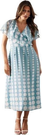 Wallis Chiffon Spot Border Cape Sleeve Midi Dress, 12, Duck Egg