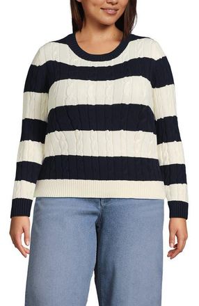 Lands End Plus Size Drifter Classic Cable Crew Neck Sweater in Navy/ivory Rugby Stripe at Nordstrom, Size 1X