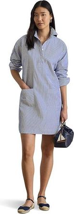 Lauren Ralph Lauren Striped Cotton Broadcloth Shirtdress Womens Clothing Blue/White : 16