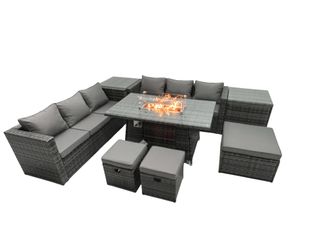 Fimous Rattan Garden Furniture Firepit Dining Set 9 Seater Lounge Sofa Table Set with 2 Side Table 3 Footstool in Dark Grey