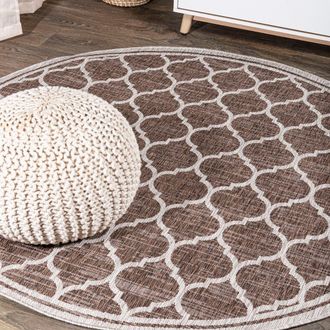 Jonathan Y Designs Trebol Moroccan Trellis Textured Weave Indoor/Outdoor Round Area Rug in Espresso/taupe at Nordstrom, Size 3Ft 0In X 3Ft 0In