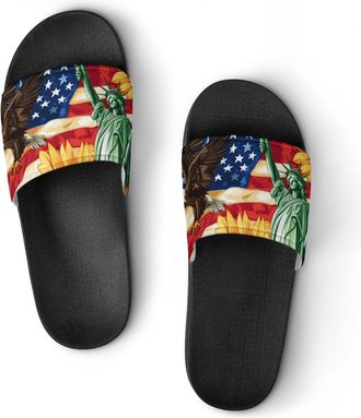 Generic U.S. Flag Ea-gles Sunflowers Shower Shoes Slipper for Women Men Beach Slippers Quick Drying Non Slip Open-Toe Sandals