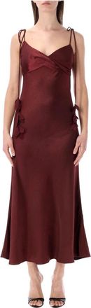 Self Portrait Satijnen Lange Jurk met Bloemen - Dames - Casual kleedjes - Bruin - S - Satijn - Kleedjes